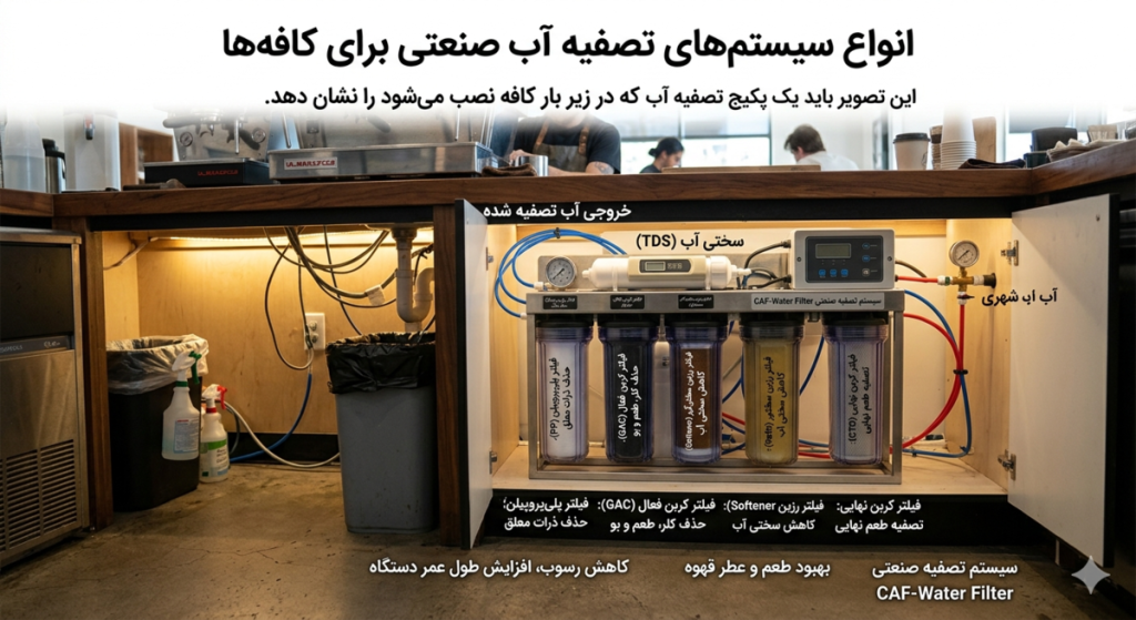 فیلترهای چند مرحله‌ای تصفیه آب کافه  توضیح تصویر:  این تصویر باید یک پکیج تصفیه آب که در زیر بار کافه نصب می‌شود را نشان دهد.