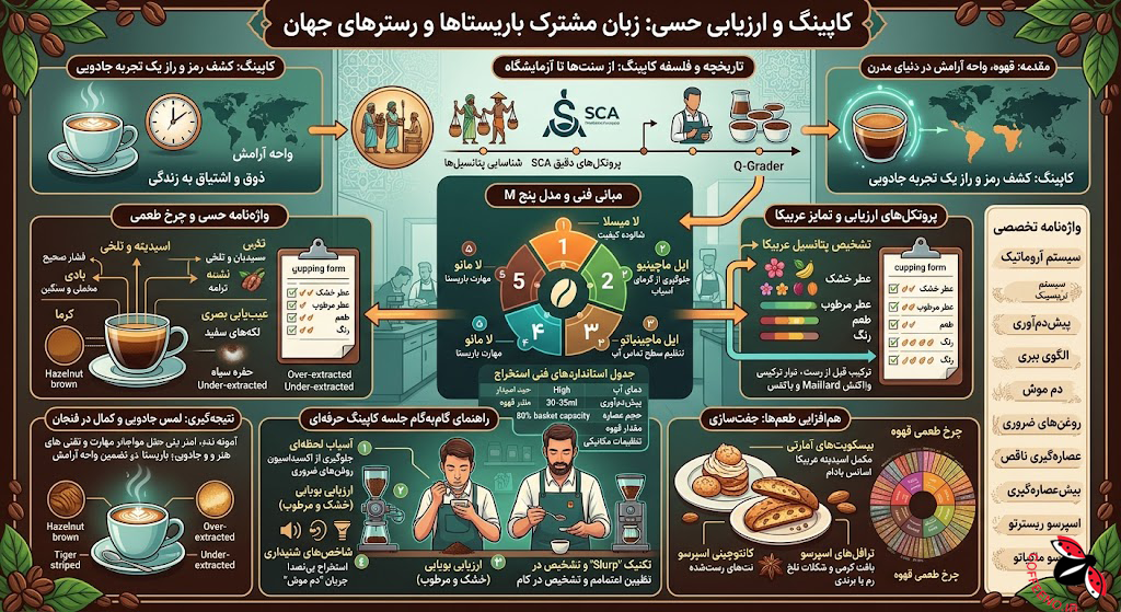 تصویری با کیفیت بالا و عمق میدان کم که ردیفی از فنجانهای سرامیکی سفید مخصوص کاپینگ، قاشقهای نقرهای و یک متخصص (Q-Grader) را در حال بررسی رایحه قهوه نشان میدهد.