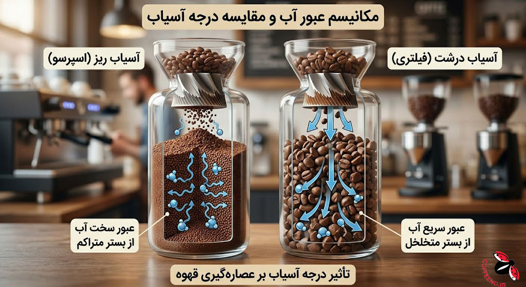 نمایش مقایسه‌ای درجه آسیاب قهوه برای عصاره گیری قهوه از بسیار نرم برای اسپرسو تا درشت برای متدهای فیلتری