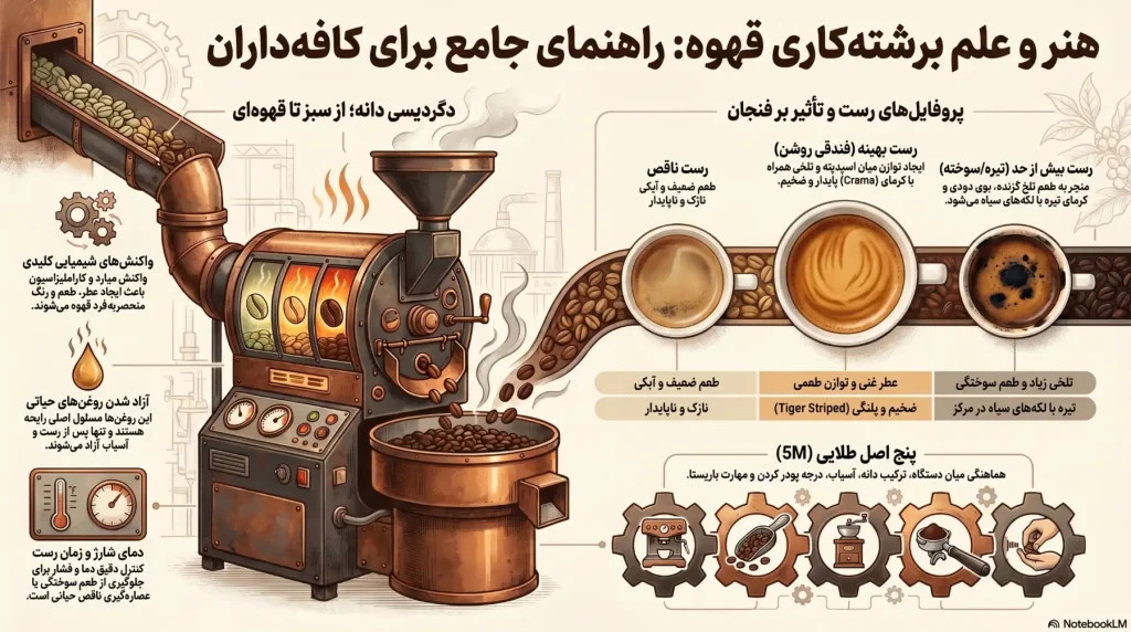 دانه قهوه سبز یک ساختار سلولی پیچیده است که ترکیبات معطر خود را در یک ماتریکس سلولزی محبوس کرده است. فرآیند برشته‌کاری، یک واکنش گرماگیرشروع‌کننده است