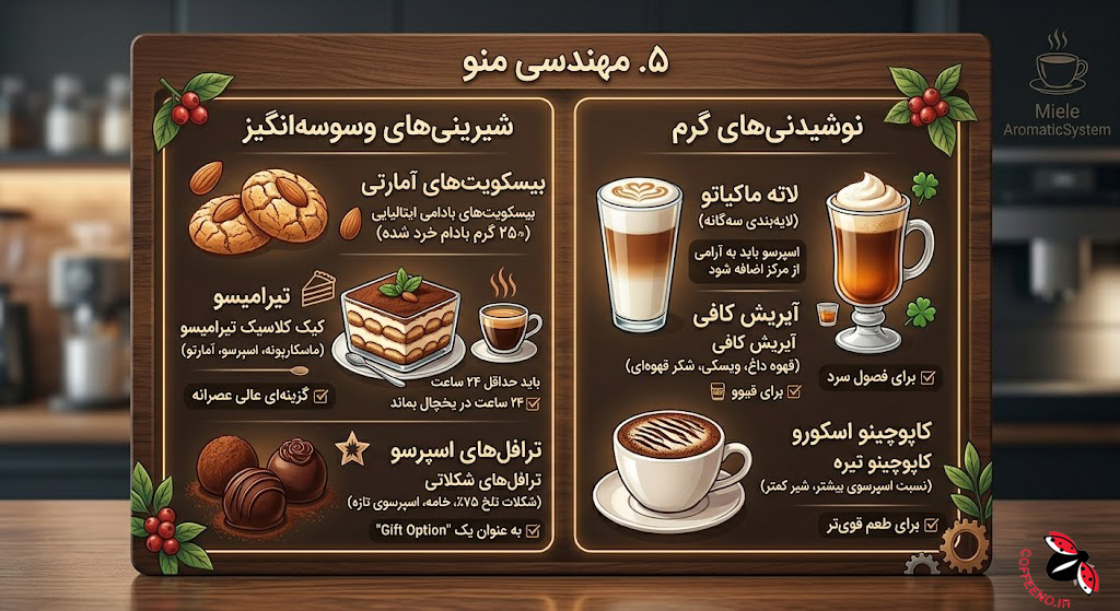 چیدمان حرفهای اسپرسو و تیرامیسو در منوی فرانچایز کافه. متن جایگزین: منوی استاندارد دسر و قهوه