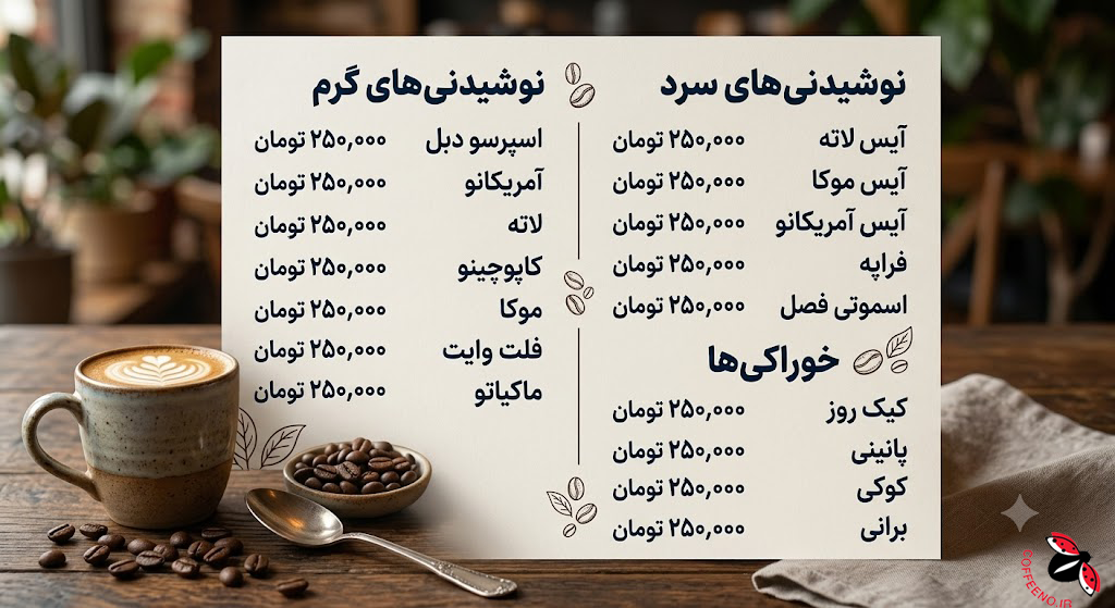 لیست قیمت‌های یک کافه بدون استفاده از واحد پول