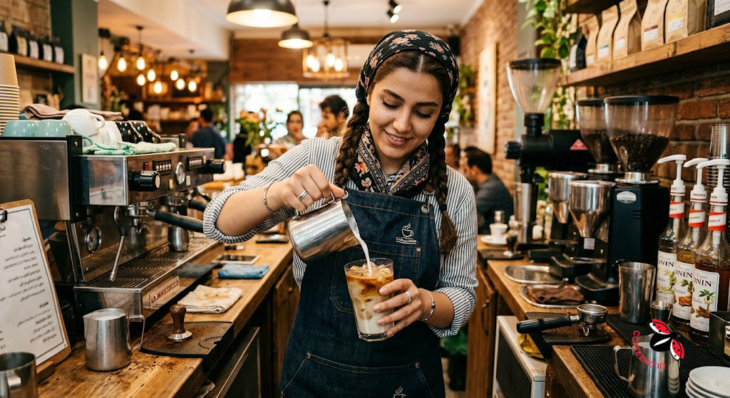 باریستا در حال آمادهسازی نوشیدنی سرد ترکیبی با قهوه